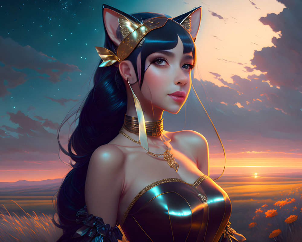 Digital Artwork: Woman with Cat Ears and Striking Eyes in Sunset Scene