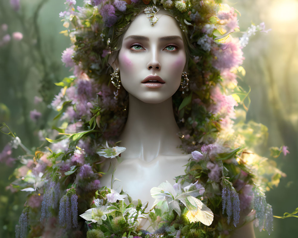 Ethereal woman with floral crown in soft light