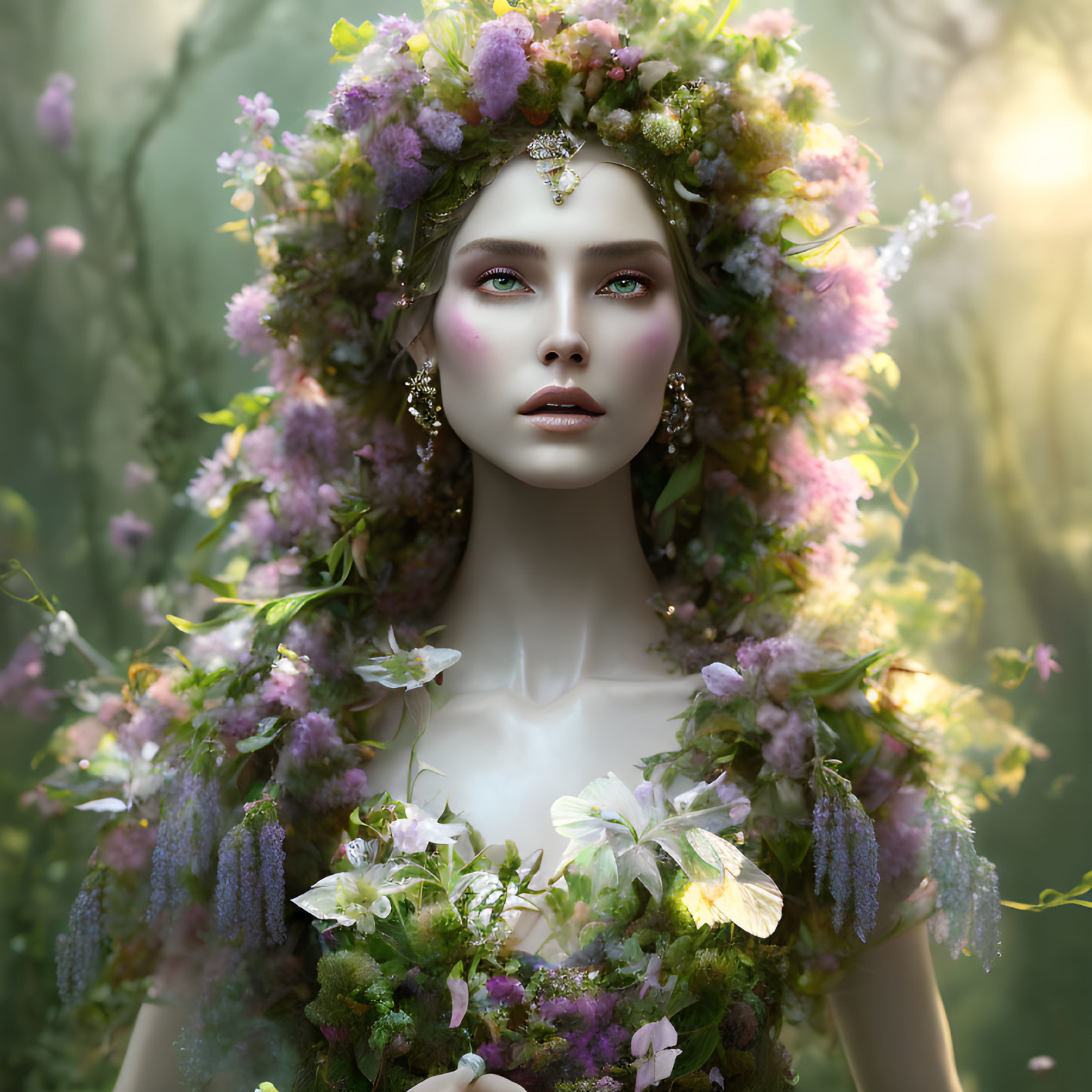 Ethereal woman with floral crown in soft light