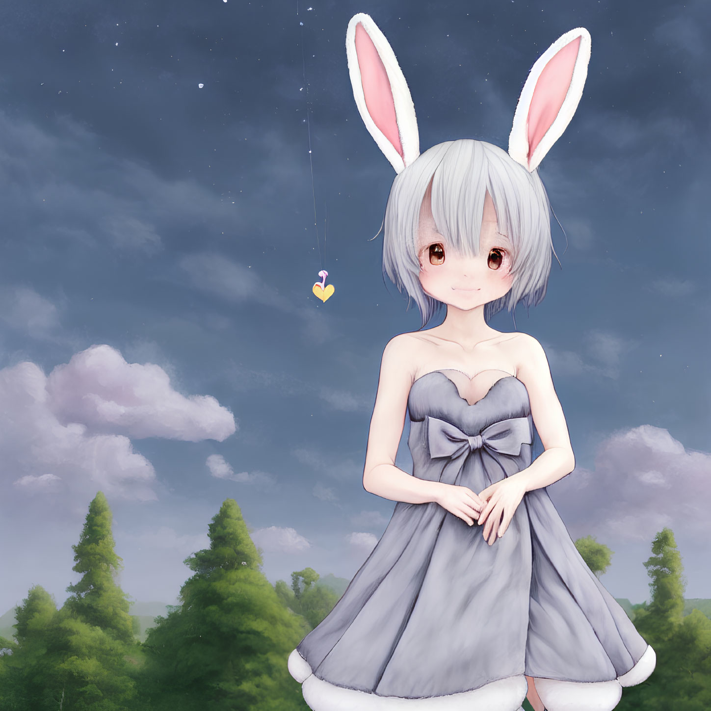 Illustrated character with bunny ears in gray dress under starry sky