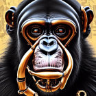 Digitally created primate with human-like eyes in earrings and necklace on brown background