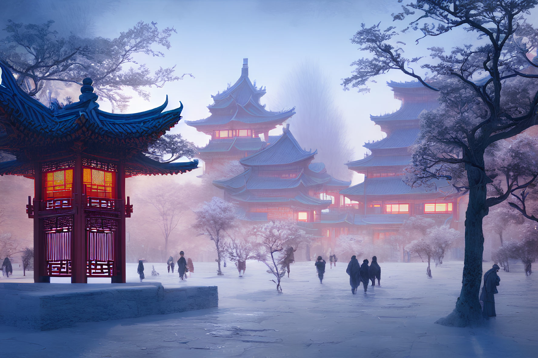 Snowy Asian temple complex with pagodas, lantern, and misty ambiance