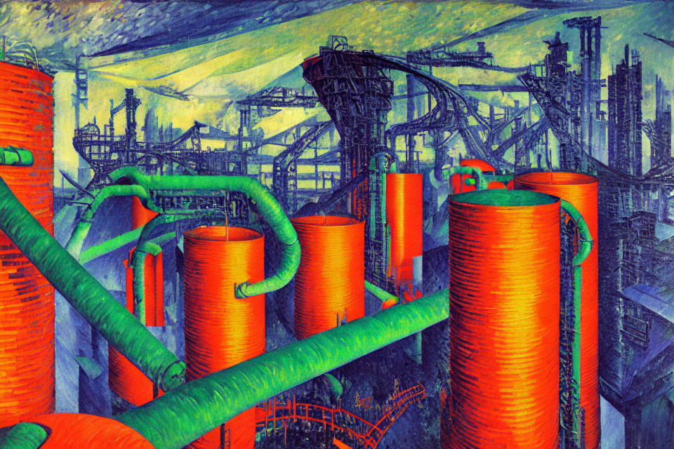 Vibrant industrial scene with orange cylinders, green pipes, and machinery under blue sky