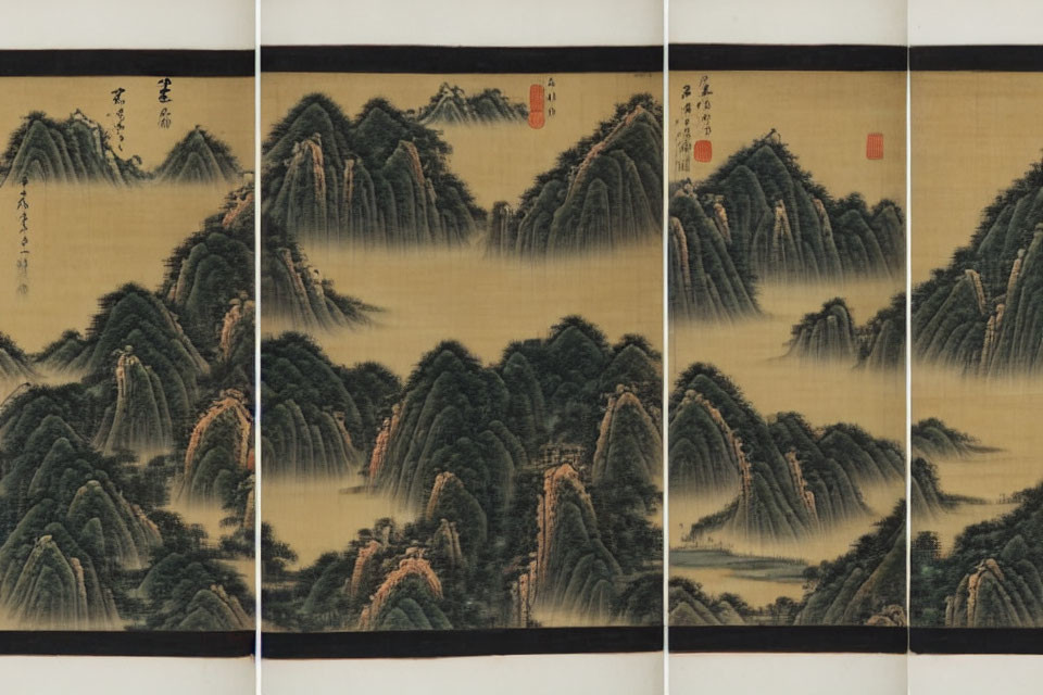 East Asian Three-Panel Ink Painting of Misty Mountain Landscape