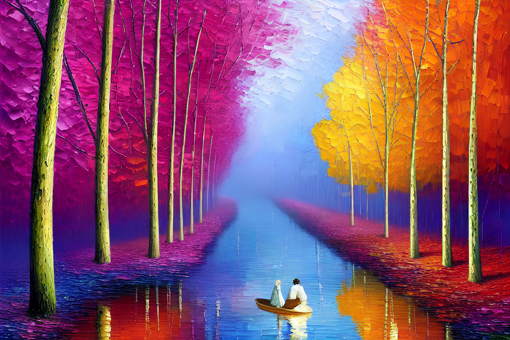 Vibrant color-gradient river with rowing boat and surreal chromatic forest