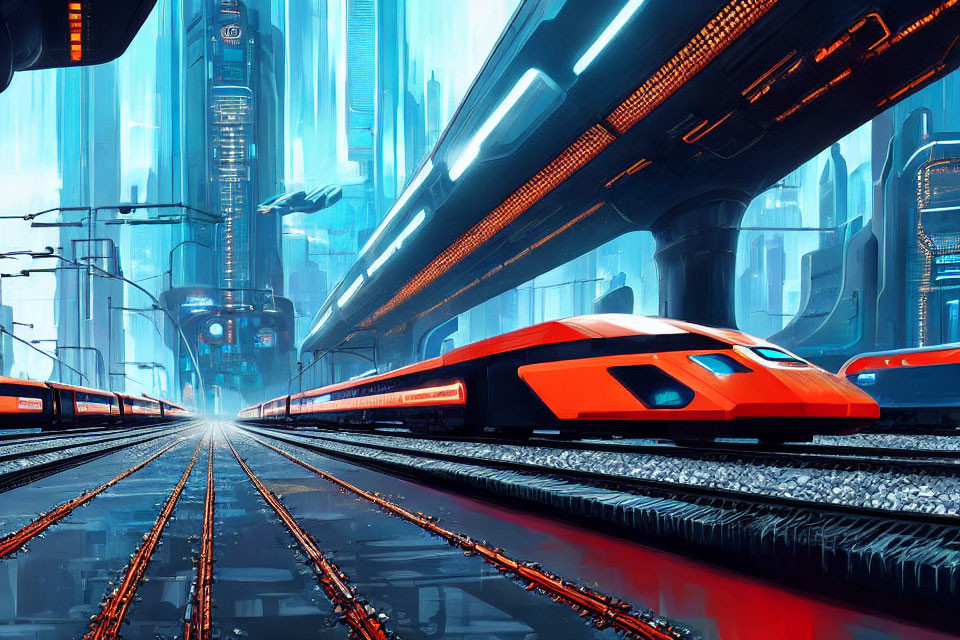 Futuristic train station with orange trains in neon-lit cityscape