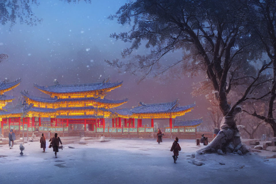 Traditional Asian temple in snowfall with people walking under tree