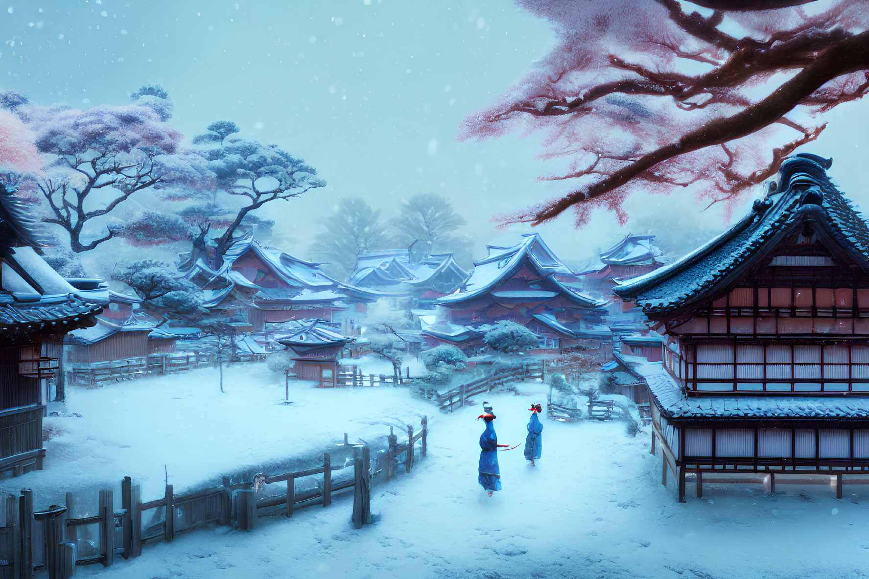 Snow-covered East Asian village with cherry blossoms and historical figures.