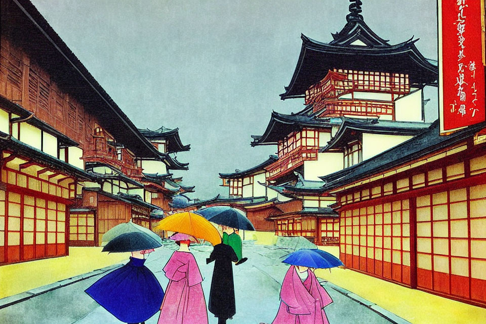 Colorful Umbrellas in Ancient Japanese Street with Pagoda