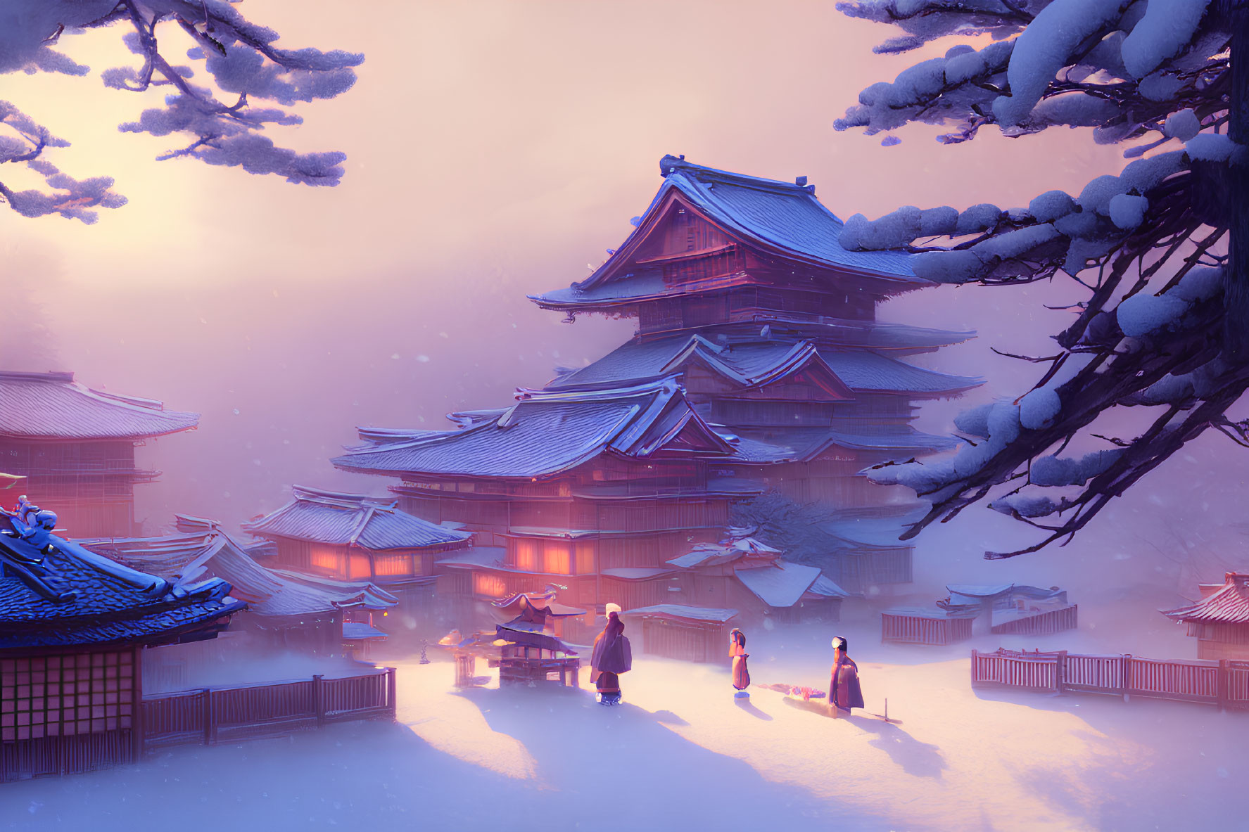 Snow-covered Japanese buildings at twilight with people and tree.