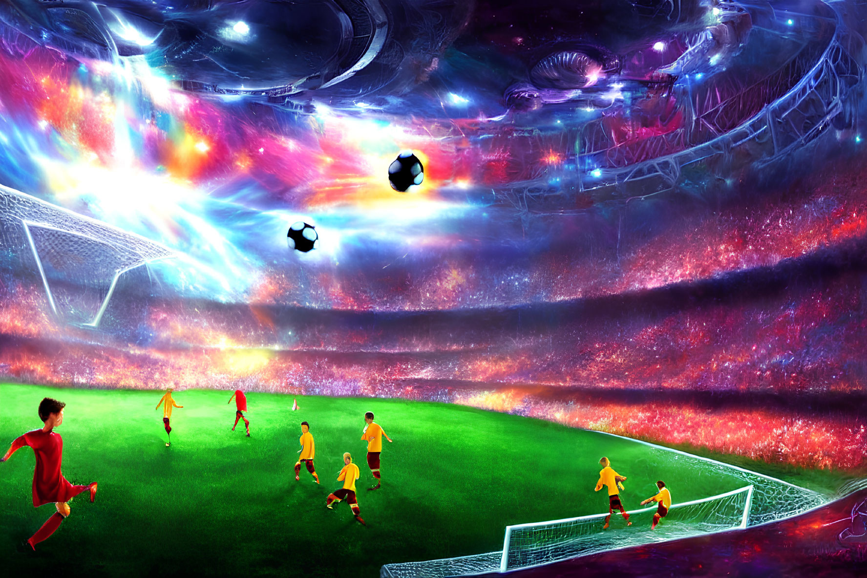 Futuristic soccer match in cosmic stadium with neon lights