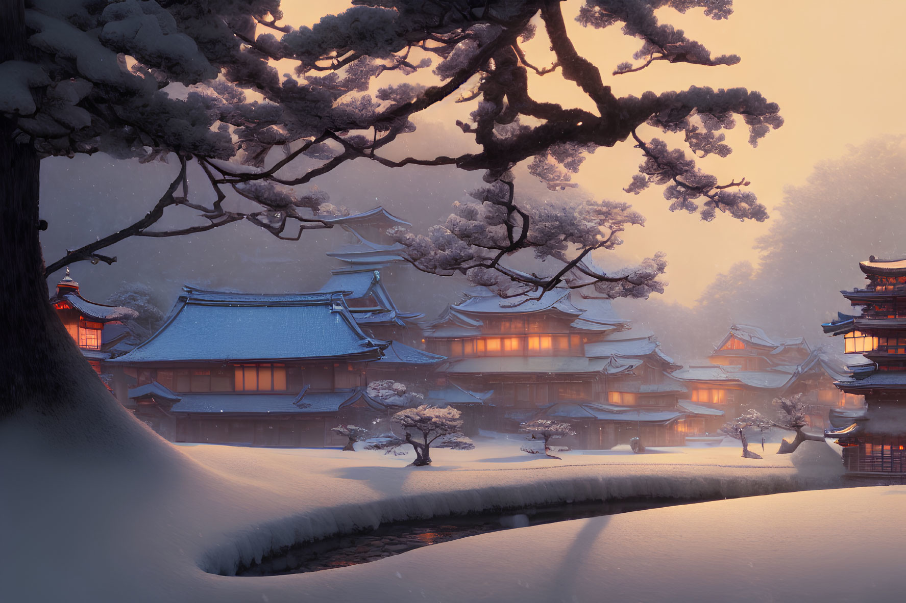 Snow-covered Japanese village at dusk with traditional architecture and snow-laden tree branches