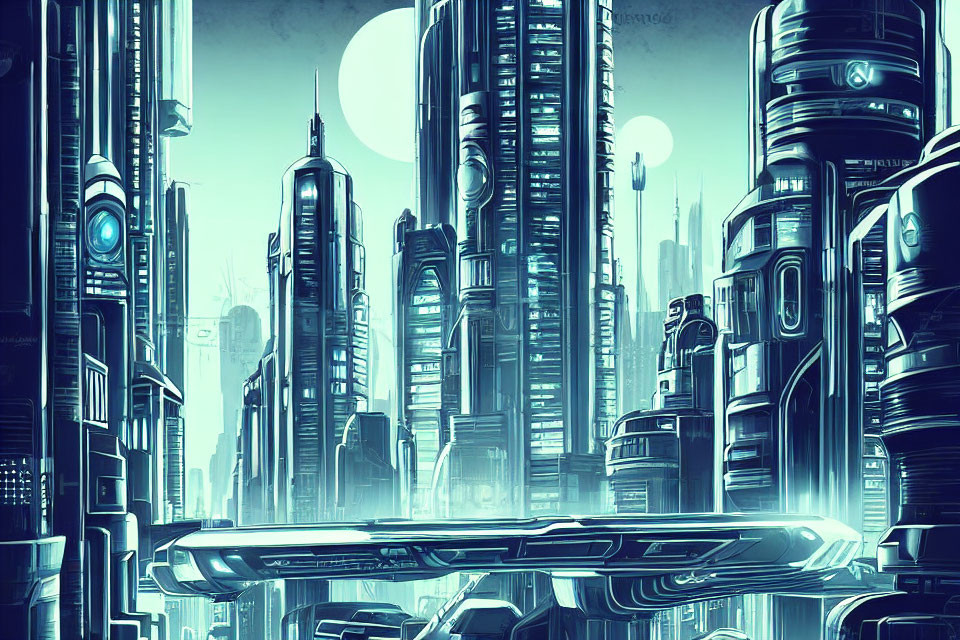 Futuristic cityscape with skyscrapers, advanced architecture, and high-tech atmosphere under moons or