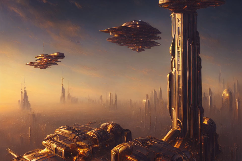 Futuristic cityscape at sunrise with towering spires and flying saucers