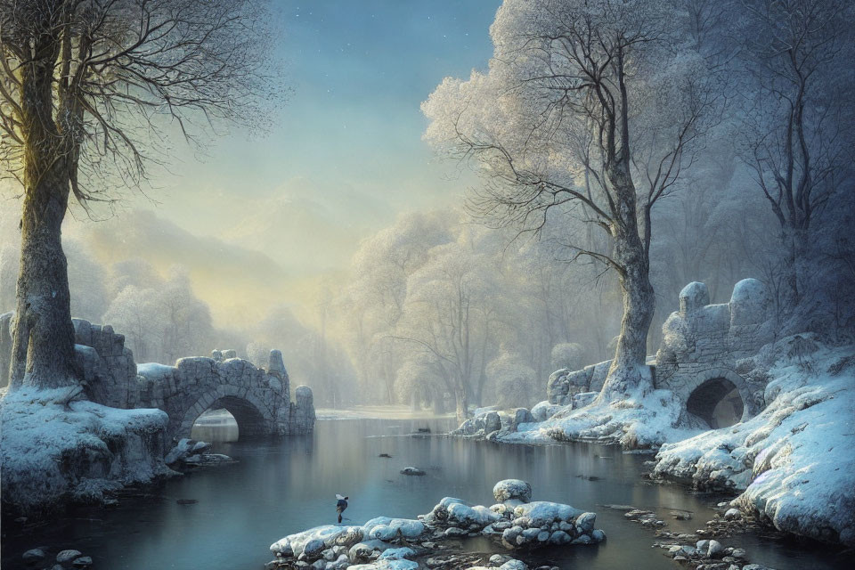 Snow-covered winter scene: old stone bridge, misty background, duck in foreground