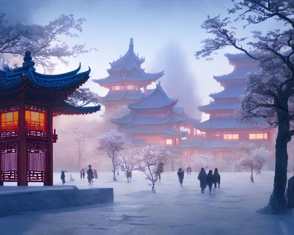Snowy Asian temple complex with pagodas, lantern, and misty ambiance
