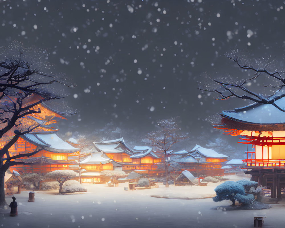 Traditional Japanese architecture in serene snowy scene at dusk