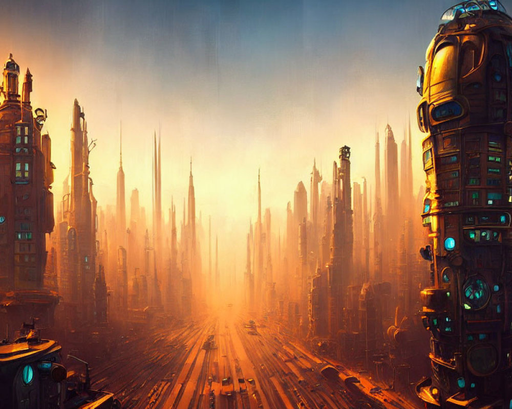 Futuristic cityscape with towering skyscrapers at sunset