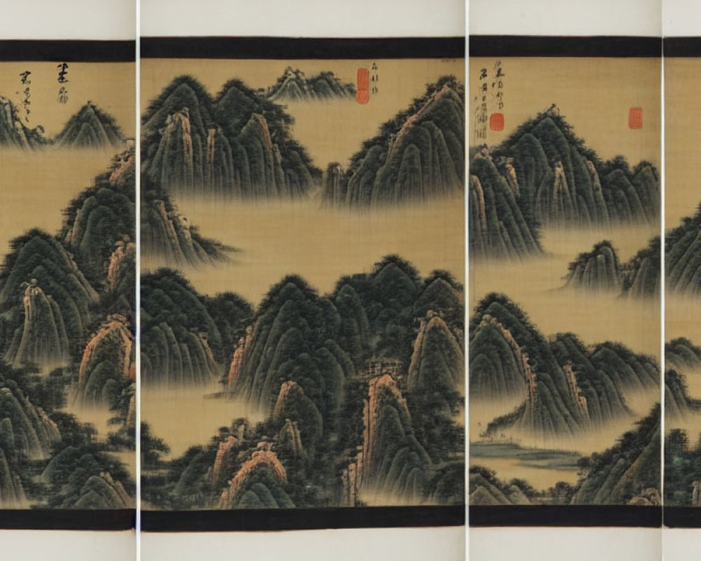 East Asian Three-Panel Ink Painting of Misty Mountain Landscape