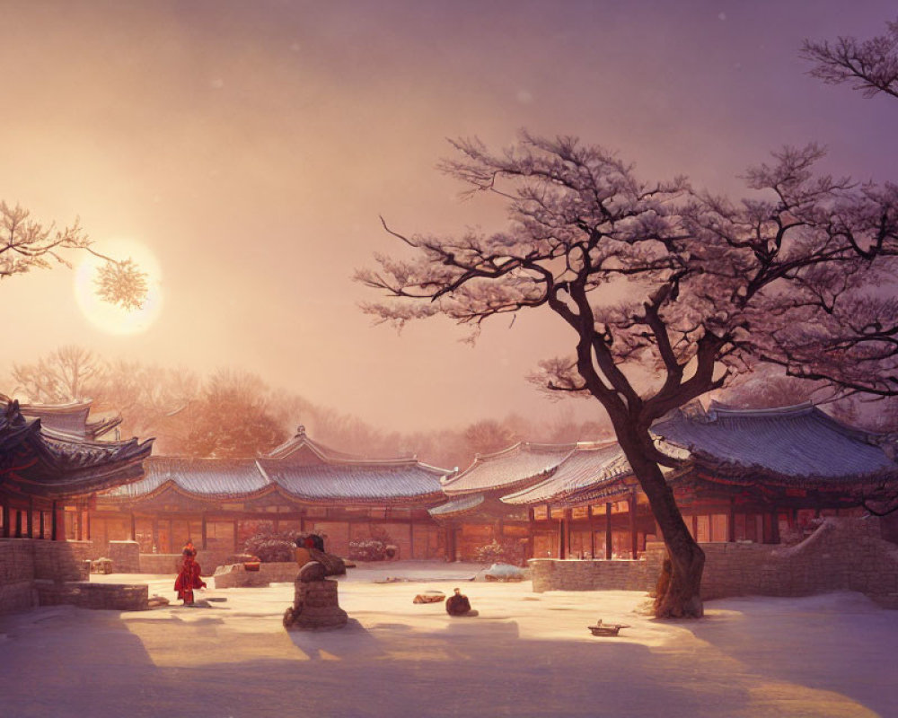 Snow-covered Hanok village at sunset with people in hanboks by bare tree