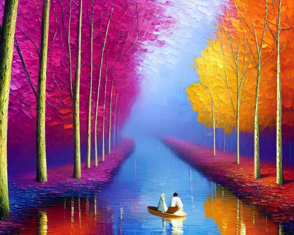 Vibrant color-gradient river with rowing boat and surreal chromatic forest