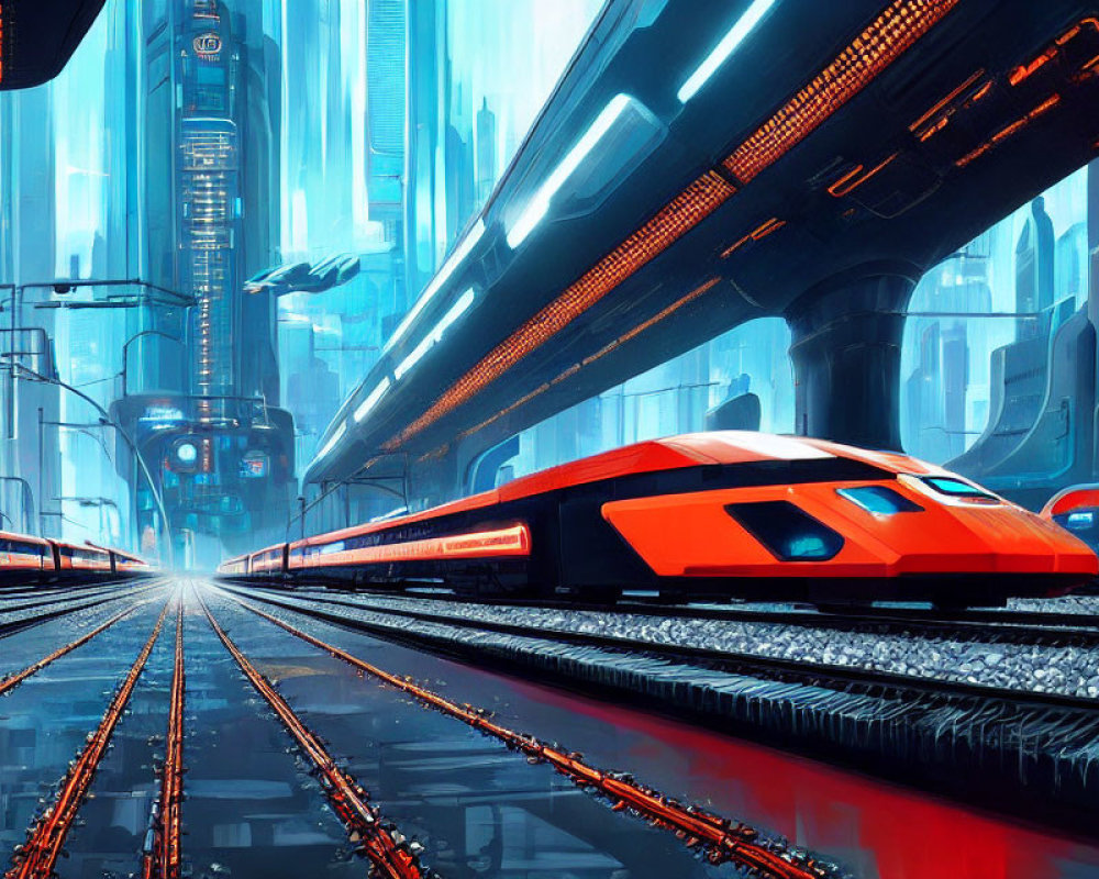 Futuristic train station with orange trains in neon-lit cityscape