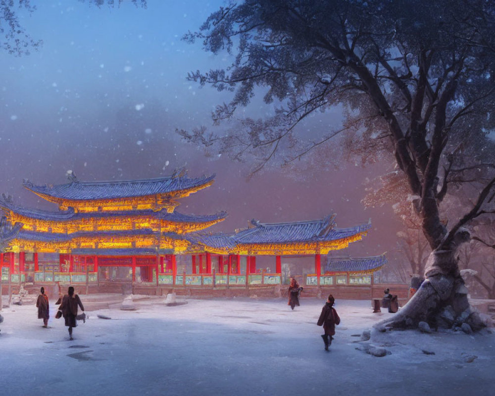 Traditional Asian temple in snowfall with people walking under tree