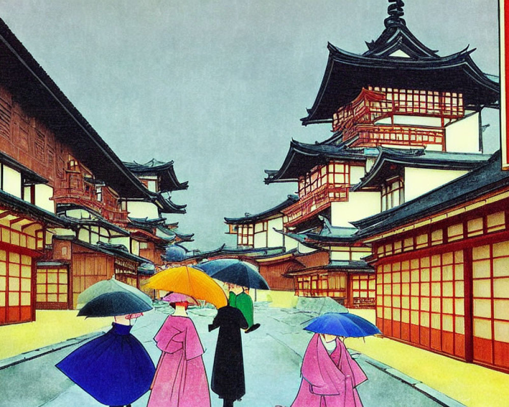 Colorful Umbrellas in Ancient Japanese Street with Pagoda