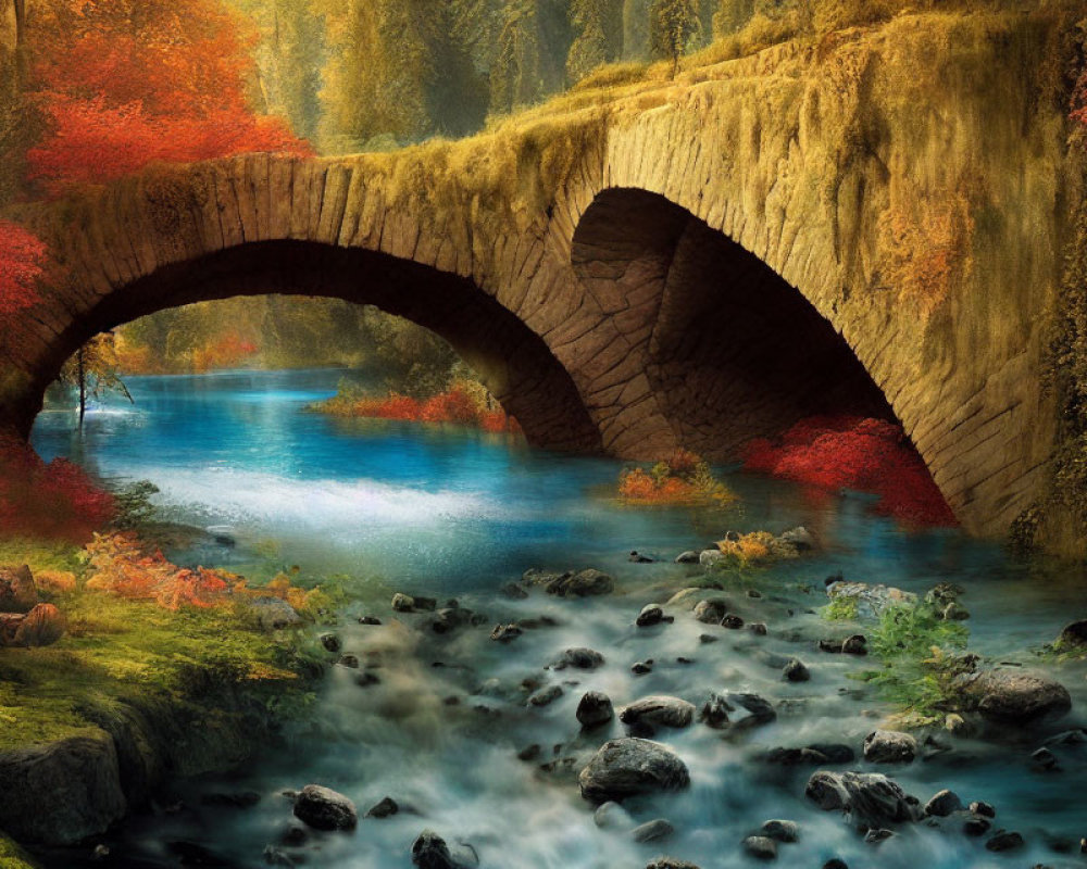 Old Stone Bridge Over Serene Stream Amid Autumnal Trees