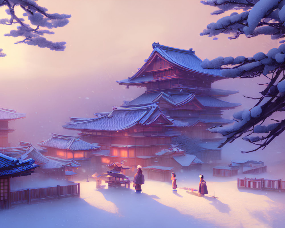 Snow-covered Japanese buildings at twilight with people and tree.