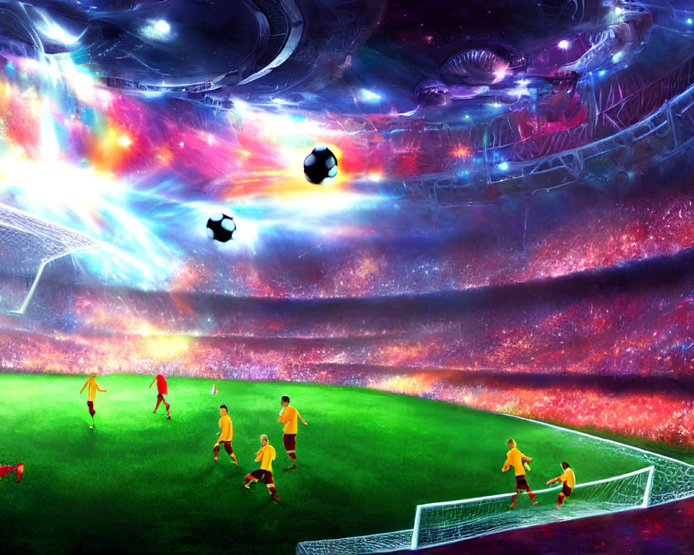 Futuristic soccer match in cosmic stadium with neon lights