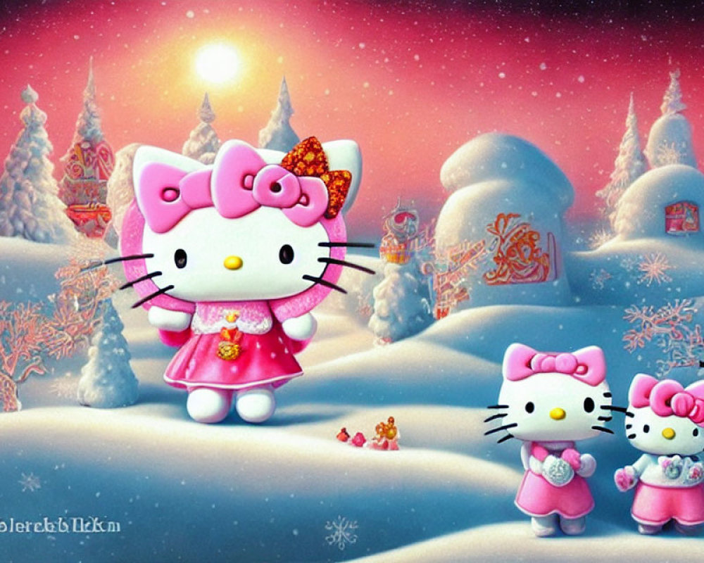 Illustration of Hello Kitty and characters in snowy fairy-tale landscape