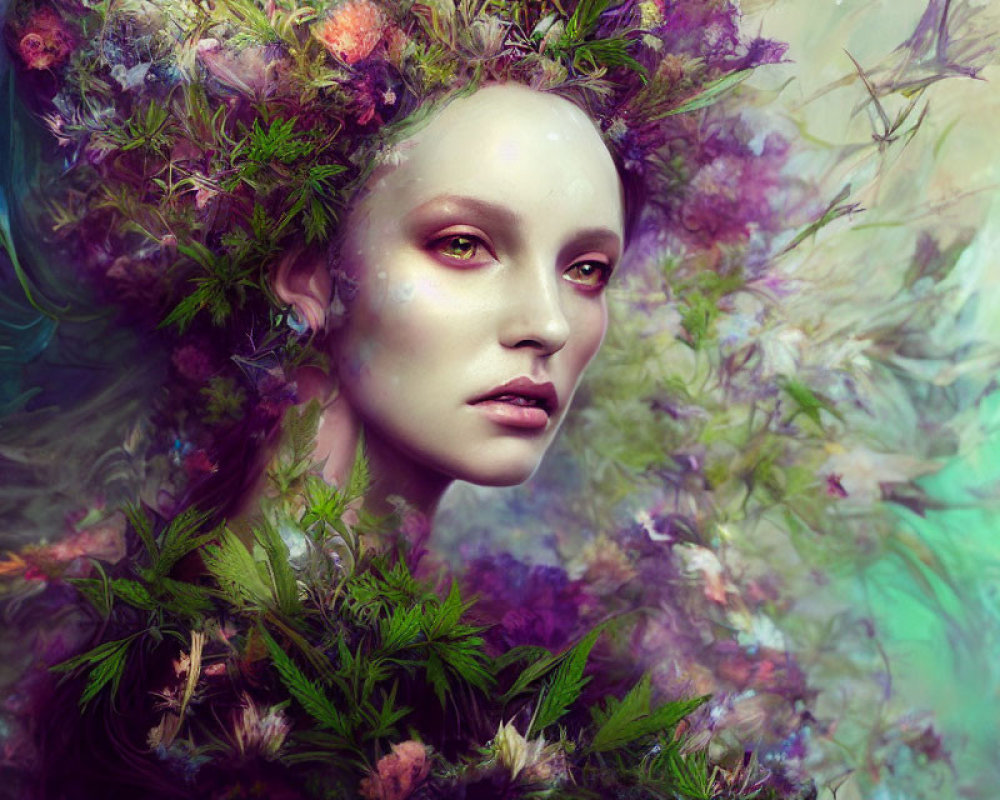 Person with Floral Crown in Swirling Mist