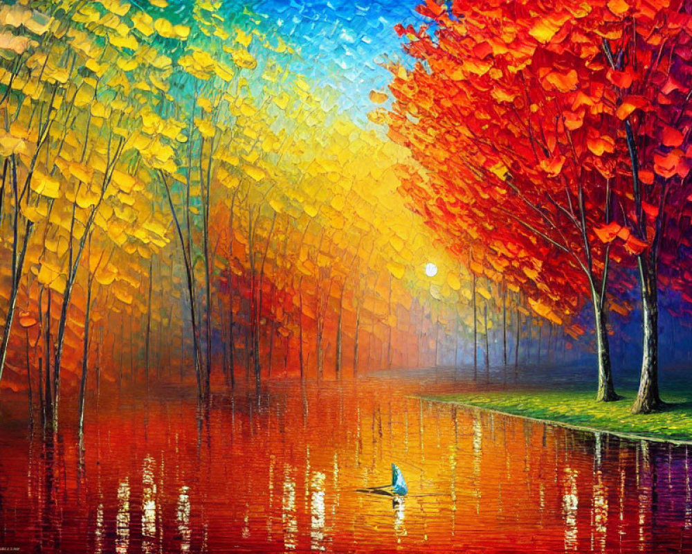 Autumn forest painting with colorful leaves reflected on water