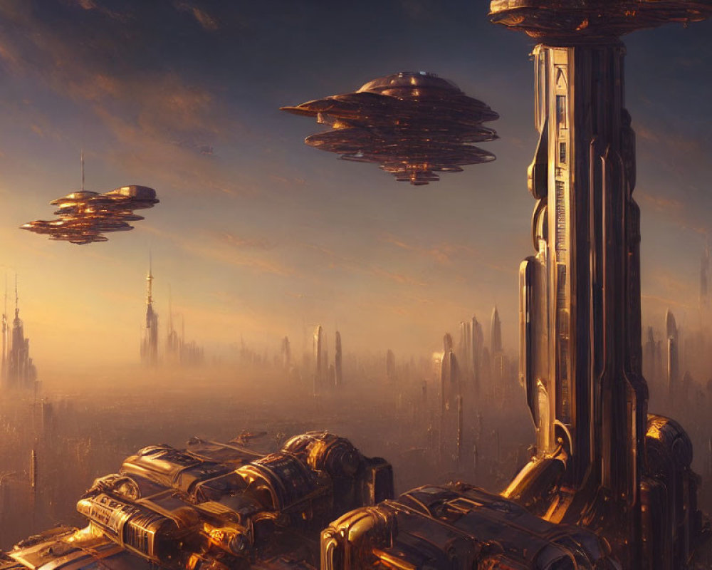 Futuristic cityscape at sunrise with towering spires and flying saucers