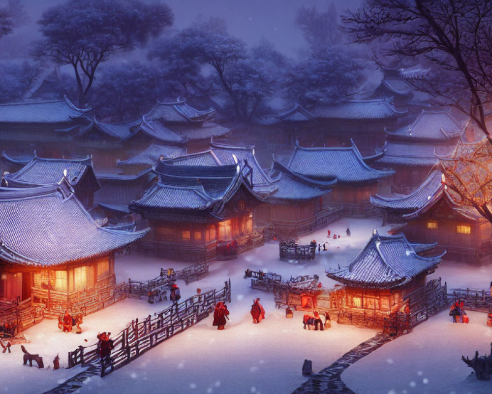 Snowy Dusk Village Scene with Traditional Architecture and Figures in Red Attire
