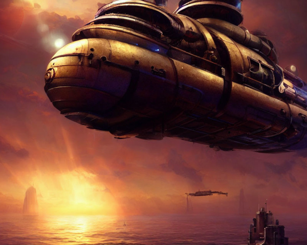 Futuristic airship over ocean at sunset with rock formations