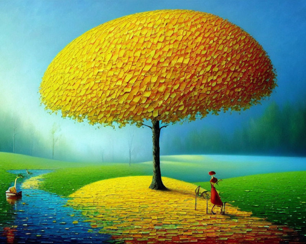 Colorful painting of solitary tree, figure with dog, and swan by water