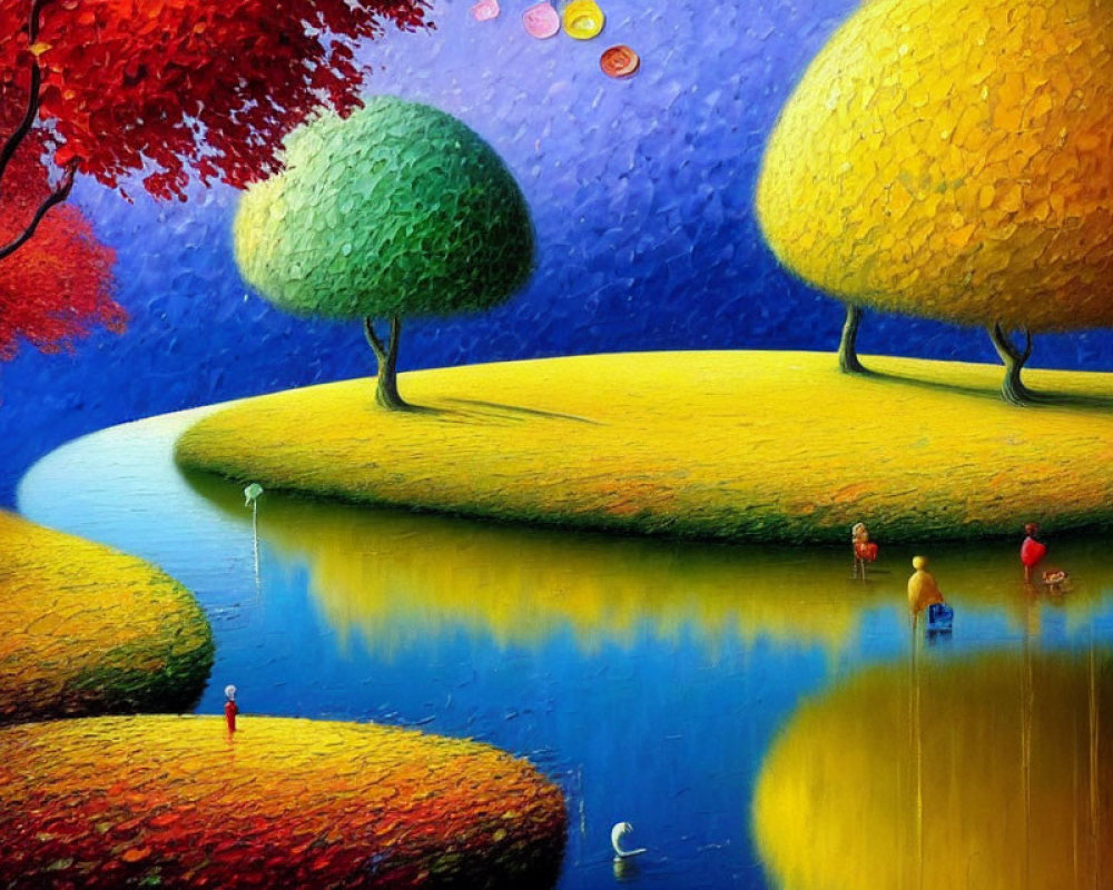 Colorful Landscape Painting with Vivid Trees and Abstract Human Figures