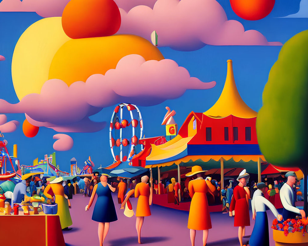 Colorful Fair Scene with Ferris Wheel and Crowds in Stylized Painting