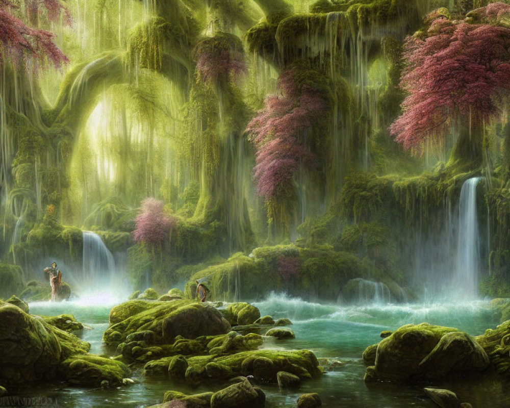 Ethereal forest with waterfalls, moss-covered trees, pink flowers, turquoise river