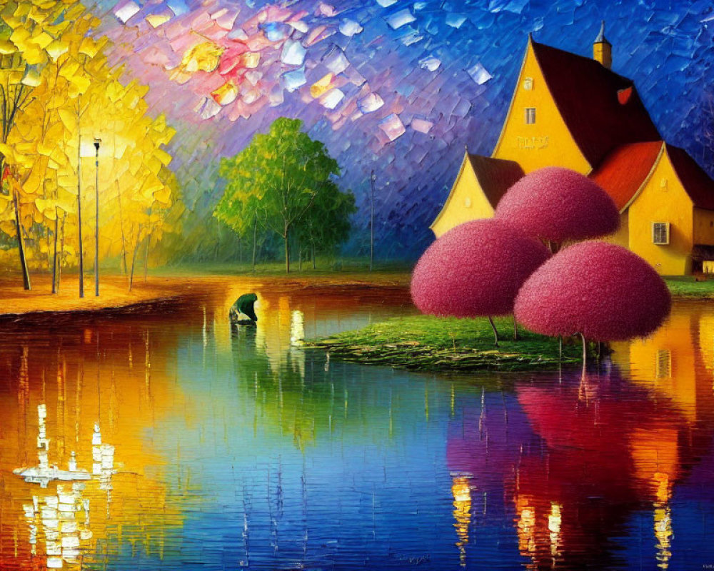Colorful painting of house by reflective lake at sunset