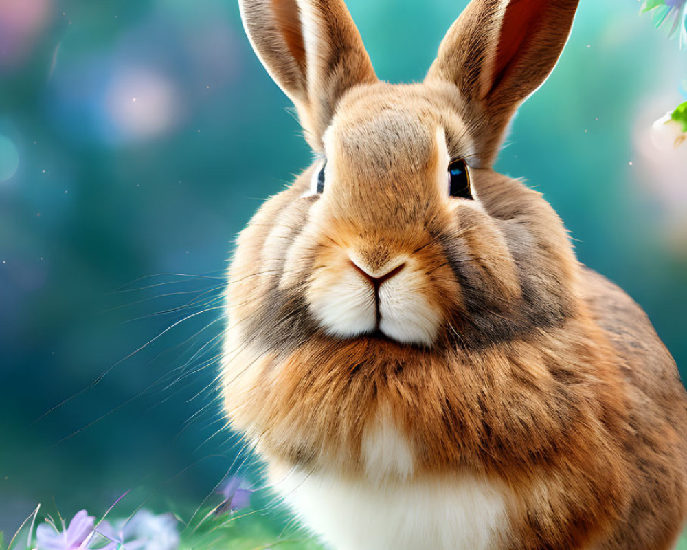 Brown and White Rabbit Surrounded by Purple Flowers and Bokeh Background