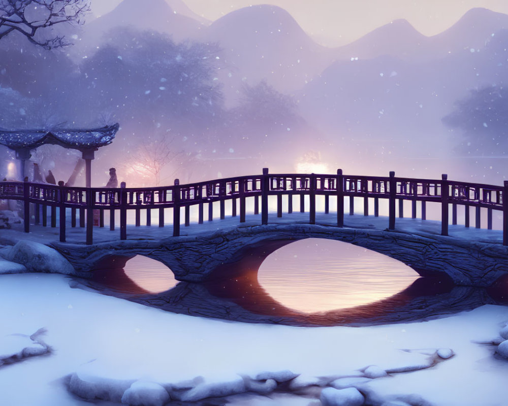 Person standing on curved bridge in serene winter scene