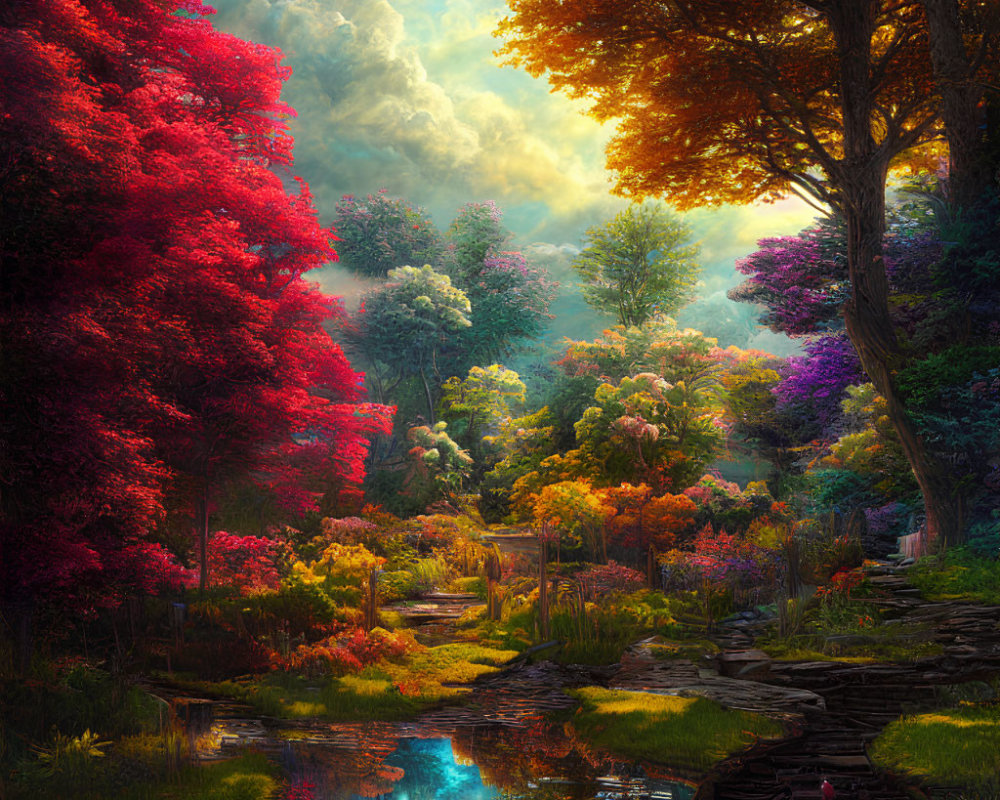 Colorful forest scene with trees, stream, stone path under warm sky