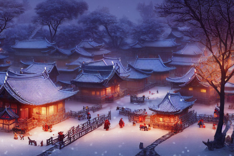 Snowy Dusk Village Scene with Traditional Architecture and Figures in Red Attire