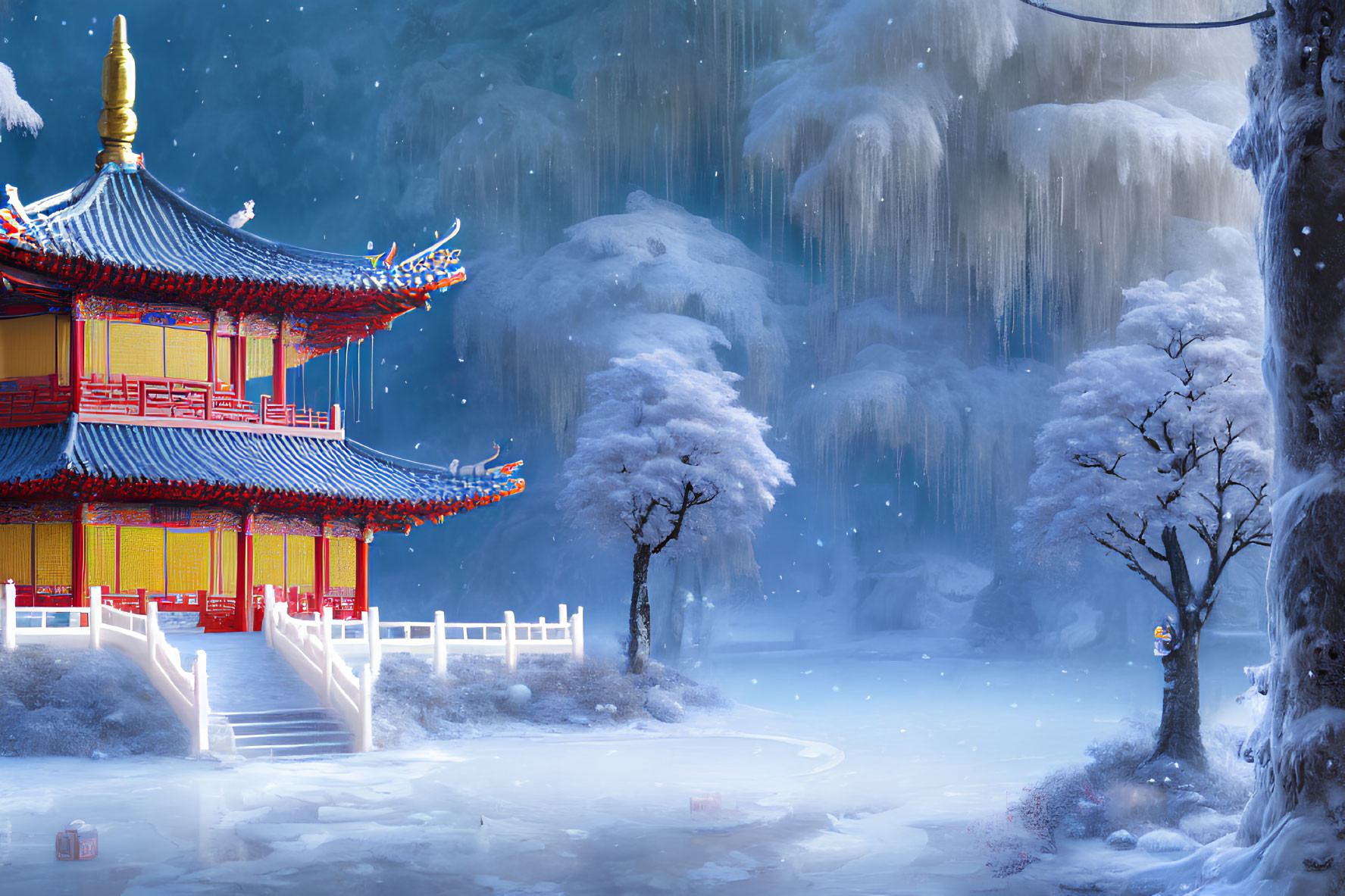 Snow-covered landscape with red and gold pagoda and falling snowflakes