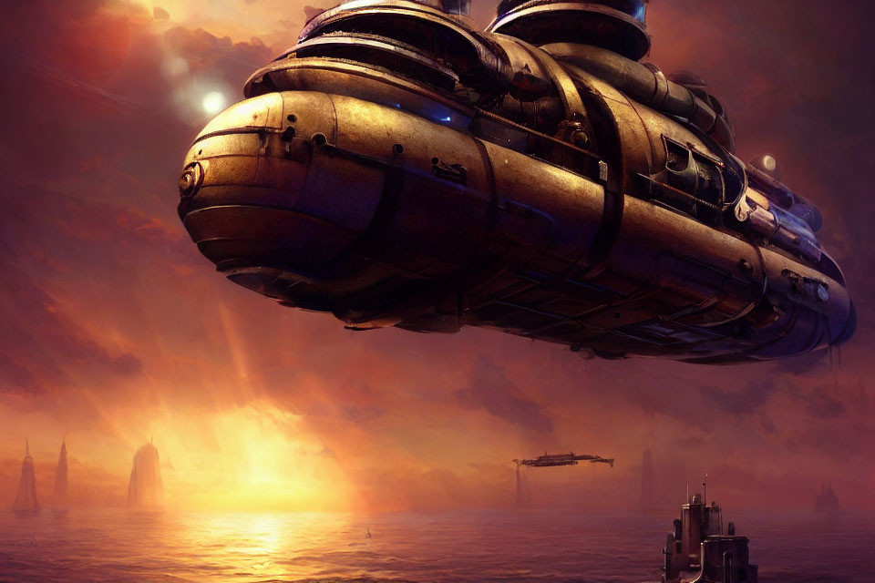 Futuristic airship over ocean at sunset with rock formations