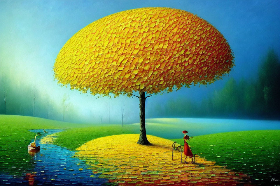 Colorful painting of solitary tree, figure with dog, and swan by water