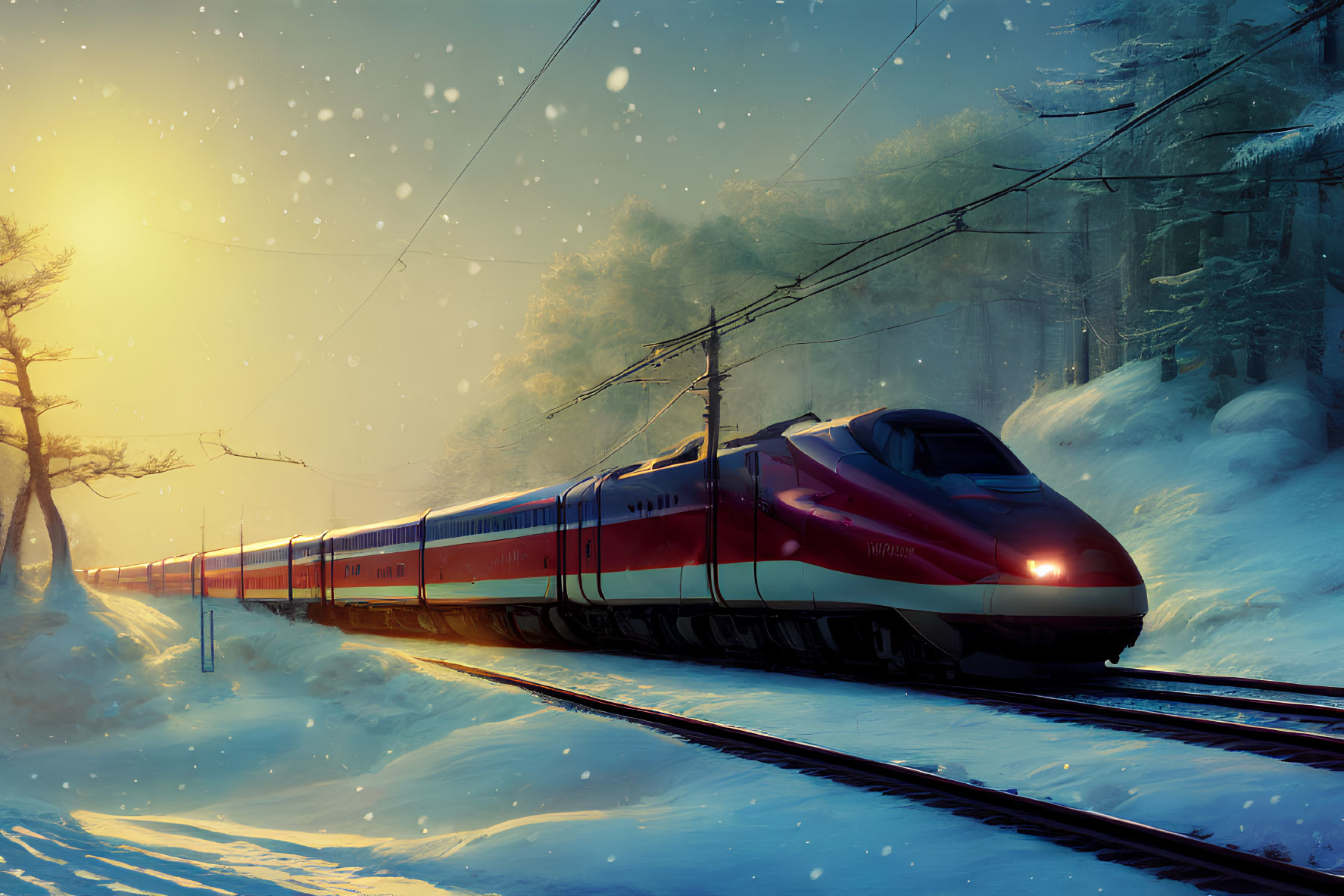 High-speed train in snowy landscape at dusk